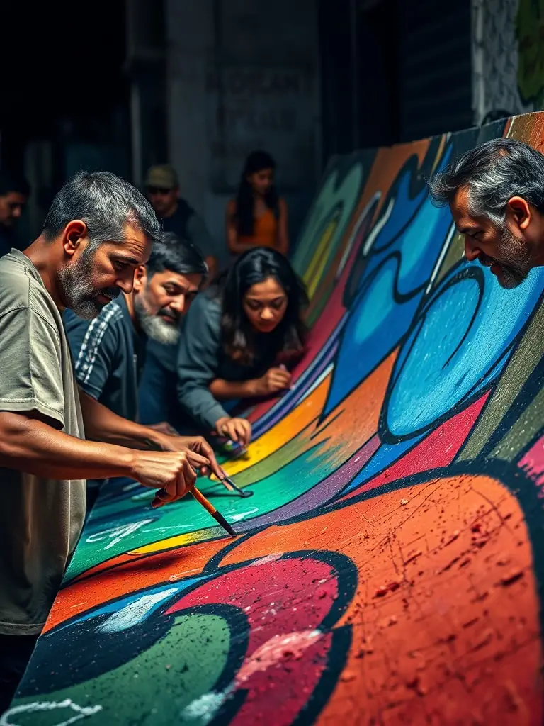A diverse group of artists collaborating on a mural, showcasing the power of collective creativity and community engagement.