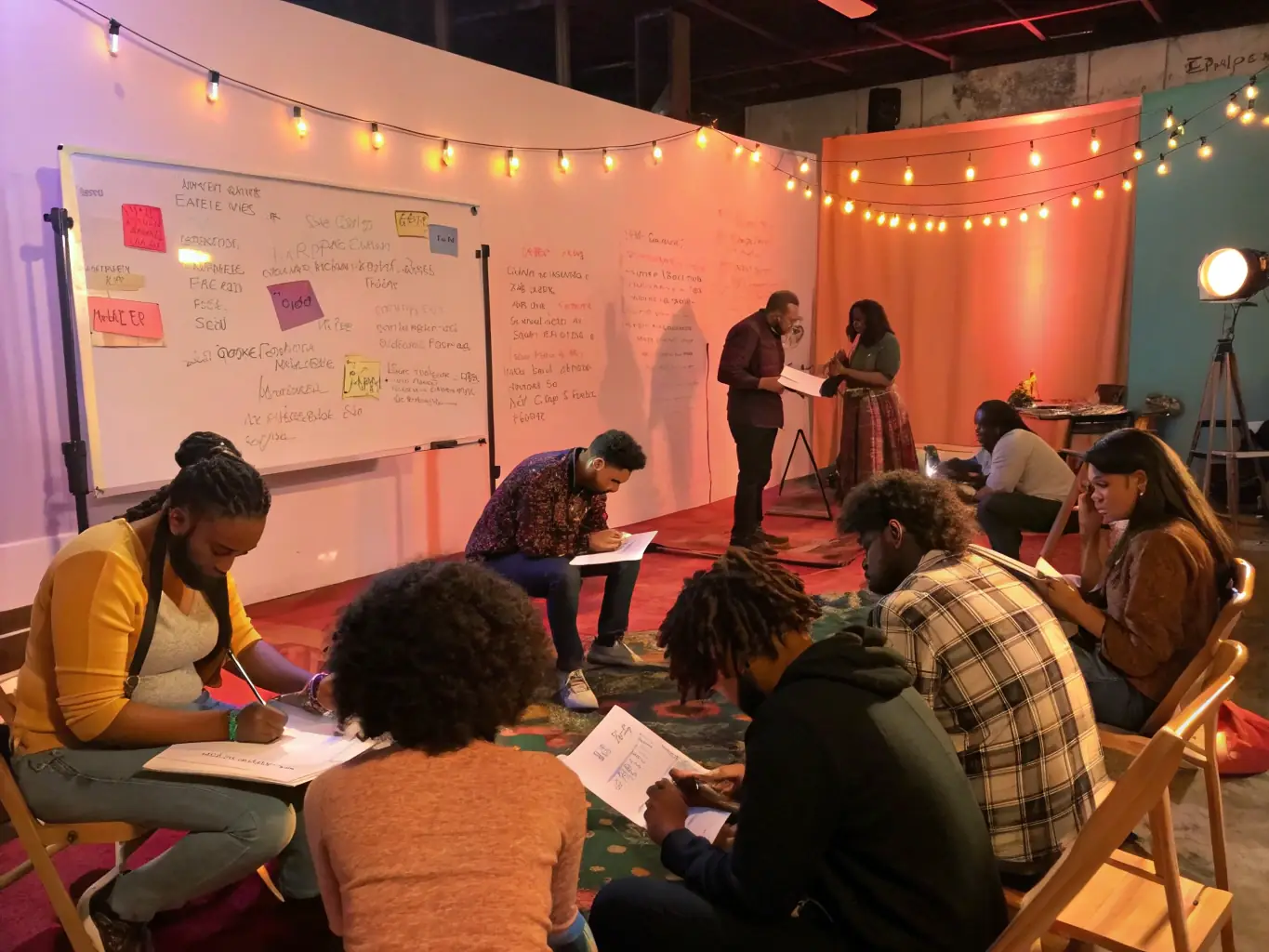 A vibrant photograph capturing a literary workshop in progress, with participants actively engaged in writing and sharing their work, set in a cozy, creative space.