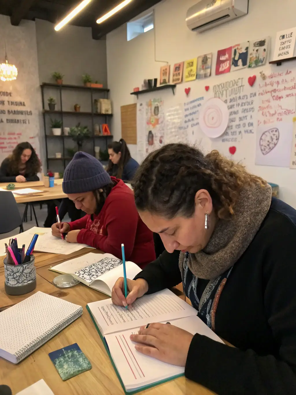 A vibrant image of a literary workshop in progress, showcasing participants engaged in writing and creative discussions, reflecting the association's commitment to literary arts.