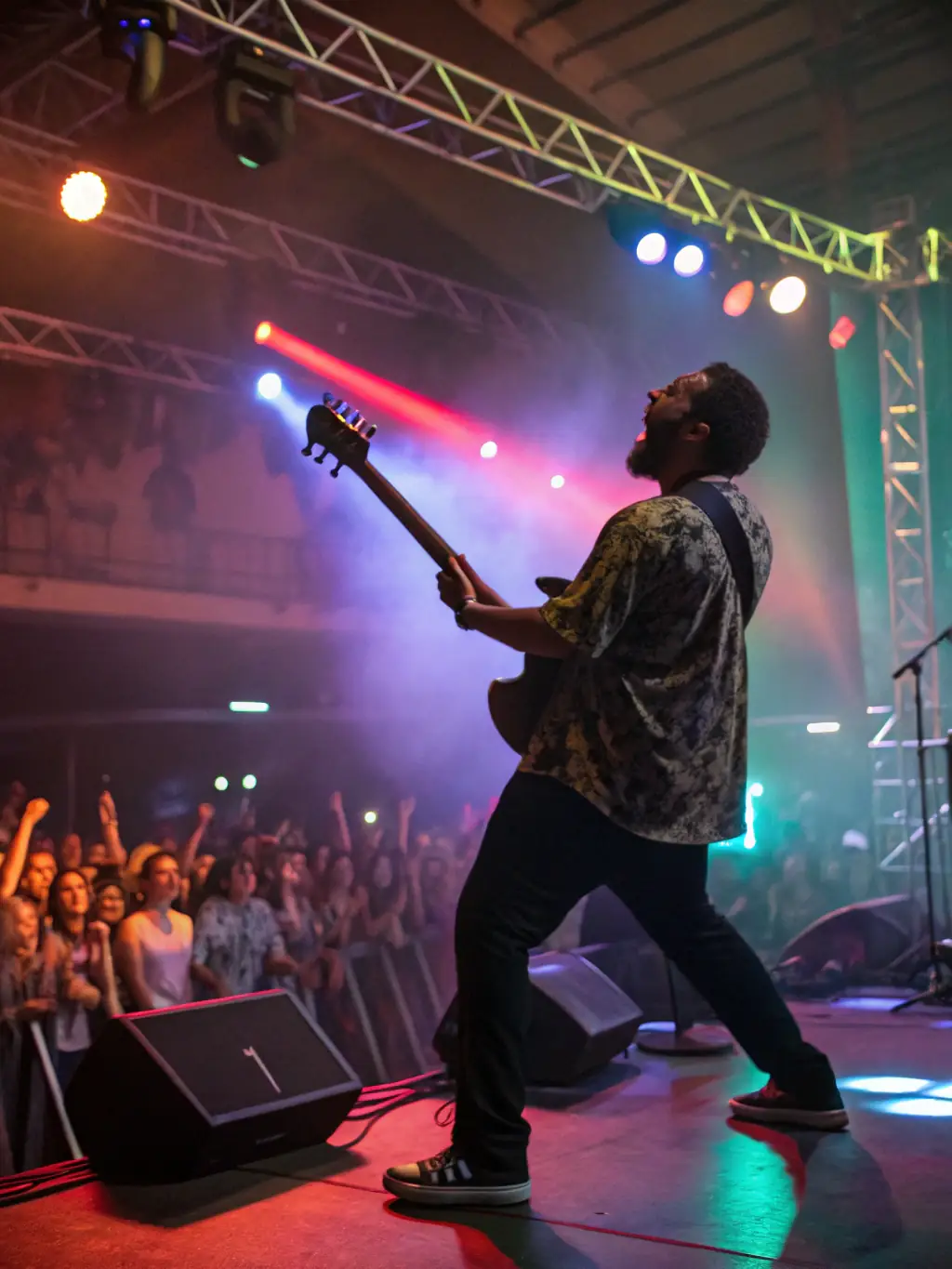A dynamic photo capturing a live music performance featuring emerging musicians supported by LA VOIX DU SINGE ASSOCIATION, emphasizing the energy and talent of the performers.