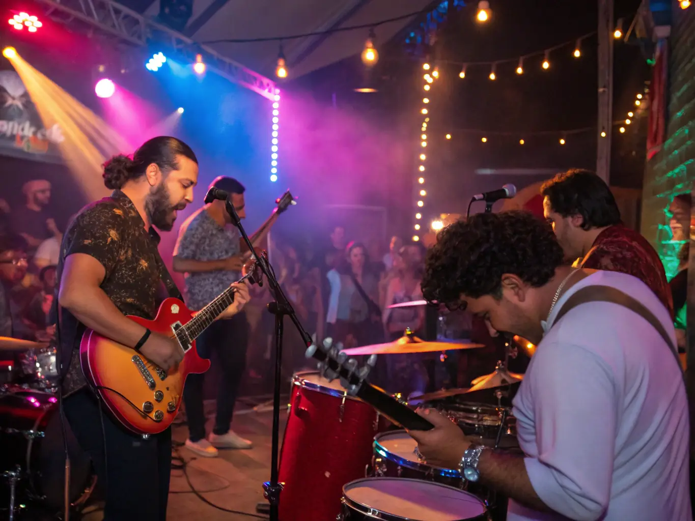 A dynamic image of a musical performance featuring young musicians on stage, with an enthusiastic audience enjoying the show in a community venue.