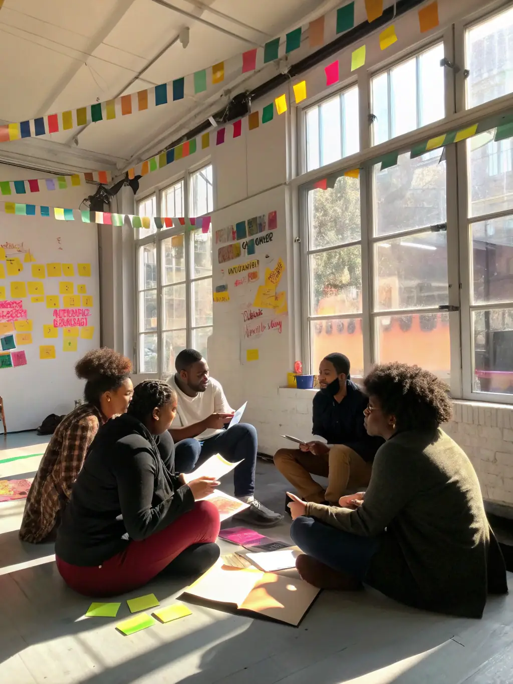 A vibrant image depicting a group of young artists participating in a literary workshop organized by LA VOIX DU SINGE ASSOCIATION, showcasing their engagement and creativity.