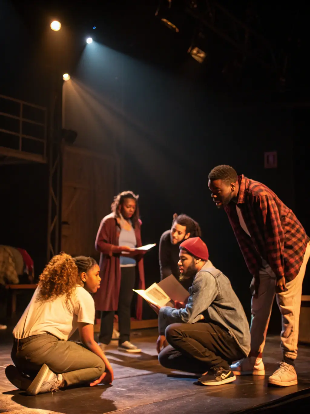 A behind-the-scenes shot of a stage production supported by LA VOIX DU SINGE ASSOCIATION, featuring emerging actors and stage crew collaborating to bring a theatrical work to life.